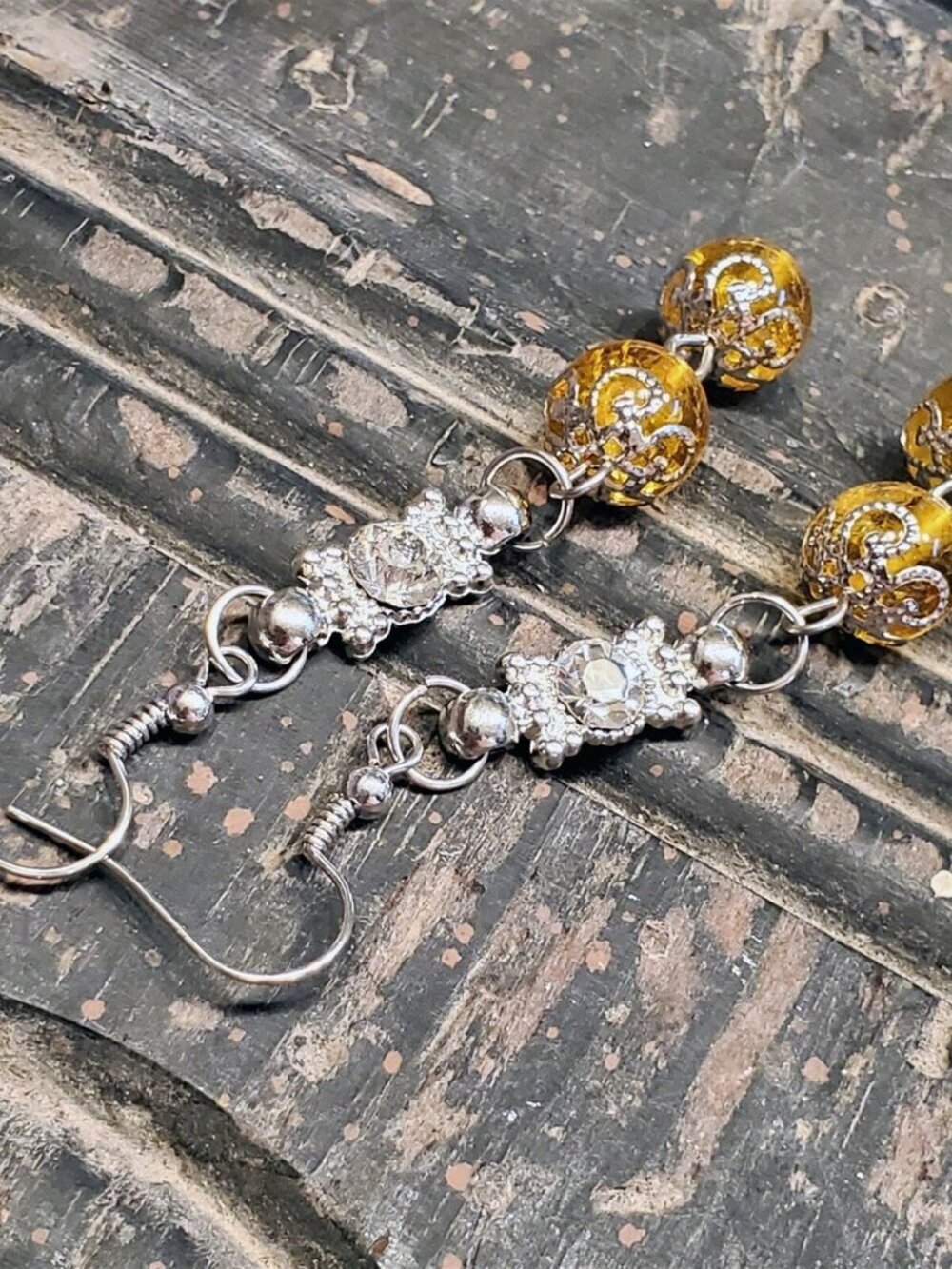 Yellow Citrine Gemstone Lacy Silver Clear Crystal Dangle Earrings